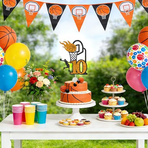 10th Birthday Basketball Cake Topper - Glitter Sports Decoration