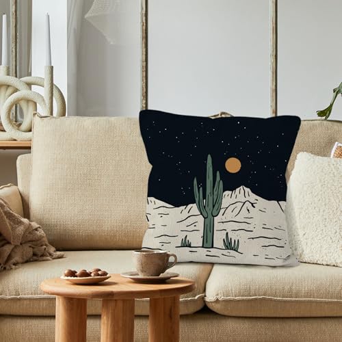 Night Cactus Western Pillow Cover 18x18 - Boho Southwestern Couch & Bedroom Decor