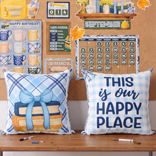 Tranqun Back to School Pillow Covers - 2 Pack 18x18 Inch Blue Gingham