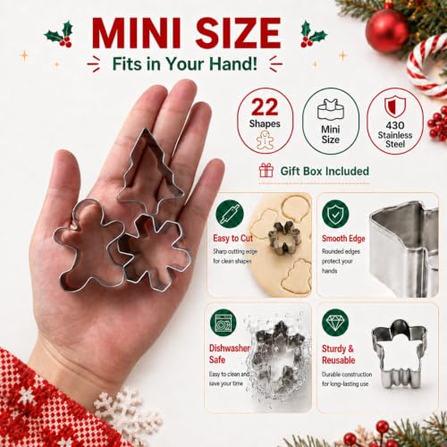 Mini Christmas Cookie Cutters Set - 22 Stainless Steel Holiday Baking Tools