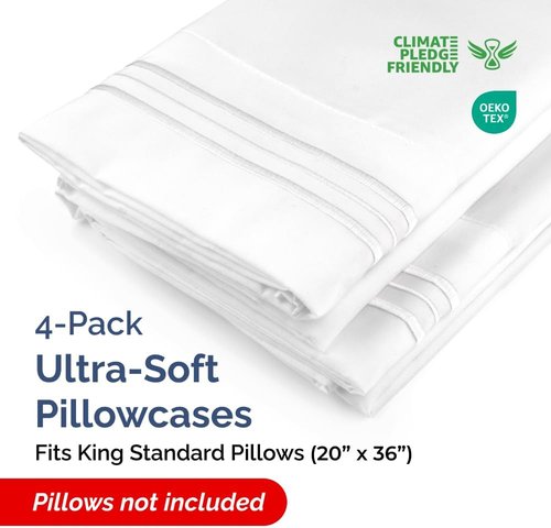 King Standard Pillow Cases - Soft Hotel Quality Covers for Comfy Bedding | Set of 4, Machine Washable, White