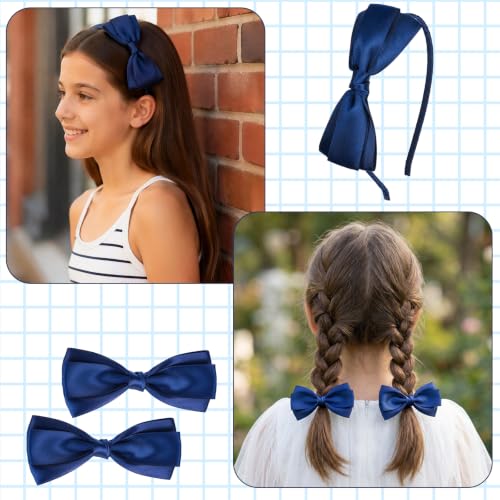 Navy Blue Bow Headband and Hair Clips Set for School Uniforms
