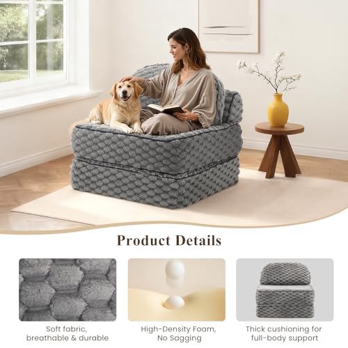 MALOL Folding Sofa Bed, 3-in-1 Convertible Sleeper Chairs with Pillow,Back Support, Fuzzy Fabric Floor Couch Bed for Adults, Boneless Couches Living Room, Bedroom, Apartment, Grey