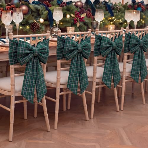 Christmas Chair Back Covers with Bow Set - Green Tartan Velvet, 6 Pieces