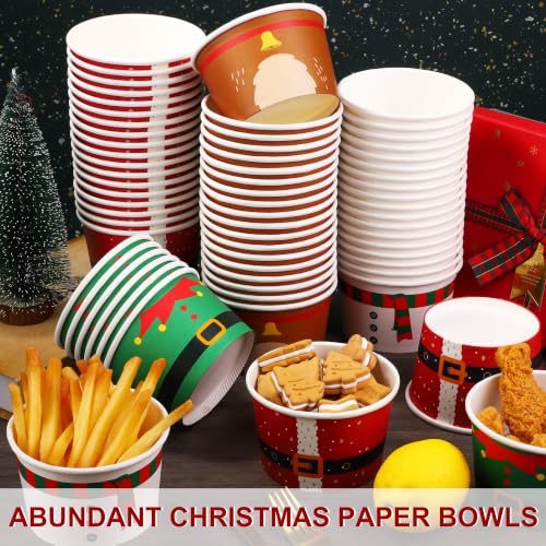 Large Christmas Snack Cups 16 Oz Pack of 100 Disposable Paper Bowls with Santa Snowman Elk Elf Designs