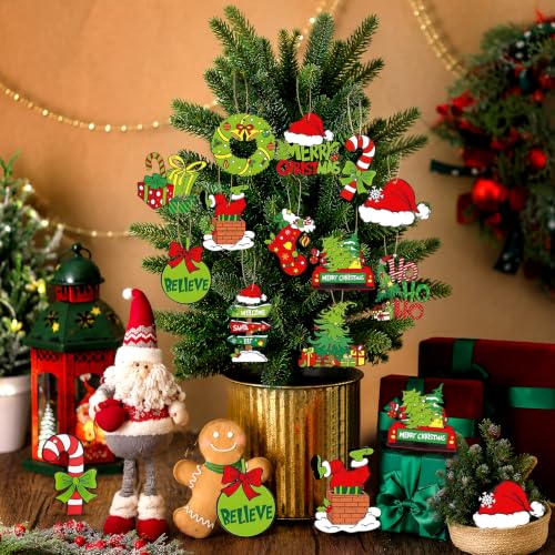 Christmas Tree Decorations 36pcs Wooden Ornaments Red Green White Holiday Decor