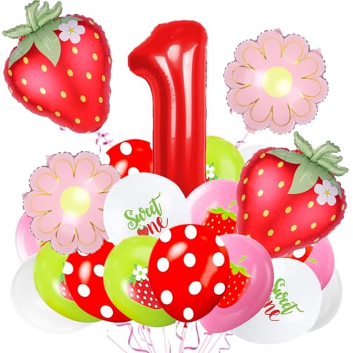 25 Pcs Strawberry Balloons Set with 40 Inch Red Number 1 Foil