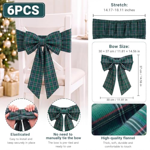 Christmas Chair Back Covers with Bow Set - Green Tartan Velvet, 6 Pieces