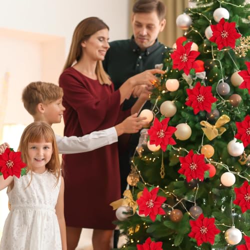 Artificial Poinsettia Flowers - Red Velvet 24 Pack, 17-Inch Christmas Decor