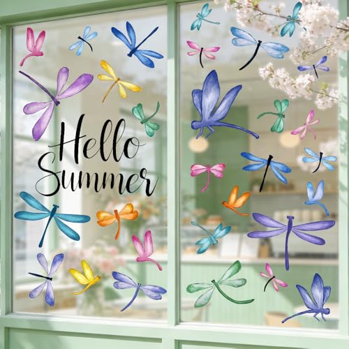 JOICEE 6 Pack Watercolor Dragonfly Window Clings - Removable Summer Decor