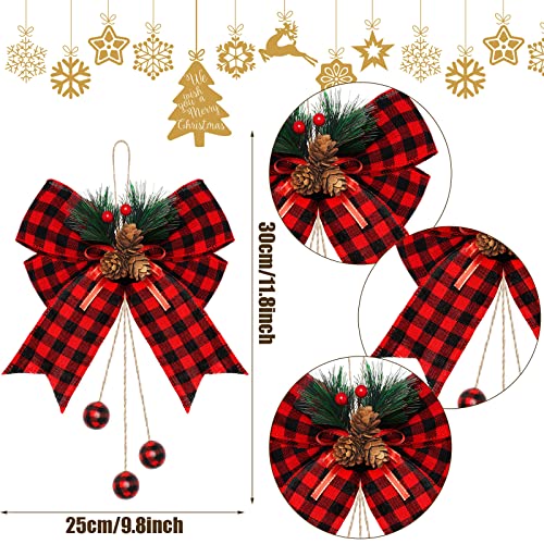 Christmas Buffalo Plaid Bow with Pine Needles Set - Red & Black Variation