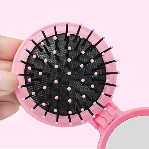 Tenalleys 2-Piece Folding Travel Hair Brush with Mirror Mini Pocket Pink