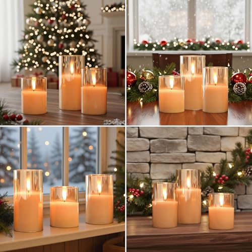 3-Pack Flameless Candle Set with Remote Control - Gold Glass, Real Wax, Timer