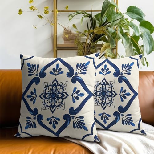 Cafl Mexican Floral Tile Throw Pillow Covers - Set of 2, 18x18 Inch