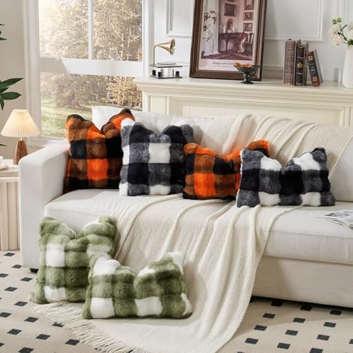 Set of 2 Cozy Faux Fur Throw Pillow Covers - 18x18 Inch Orange-Black Grid