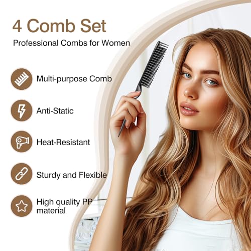 Zoolinn 3-Row Rat Tail Styling Comb Set - 4PCS Hair Detangling & Sectioning