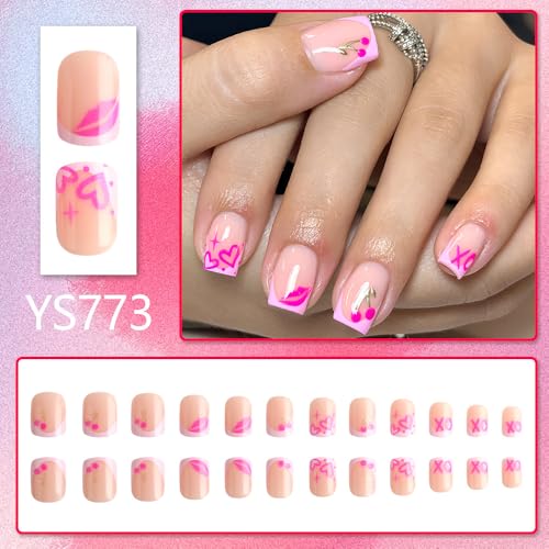 Short Square Press on Nails Valentine French Tip Acrylic False Nails