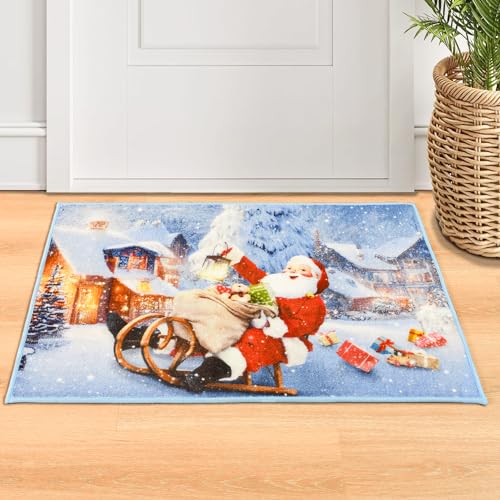 Deerhoo Christmas Santa Claus Doormat, Non-Slip Entryway Rug, 2' x 3' Blue