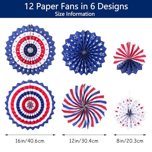 12-Piece 4th of July Patriotic Hanging Paper Fans Set