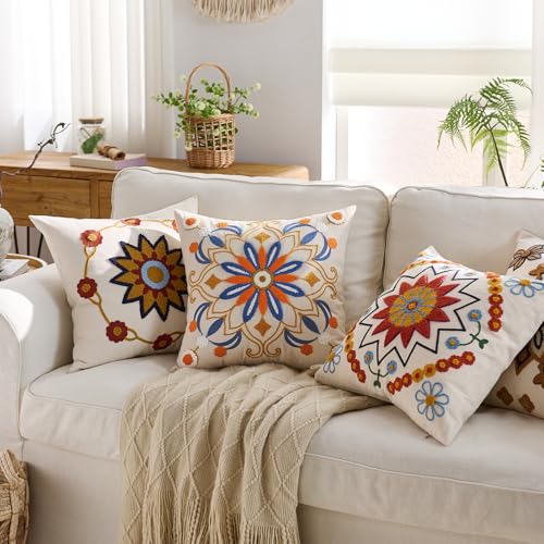 Embroidered Floral Throw Pillow Cover 22x22 - Orange & Blue