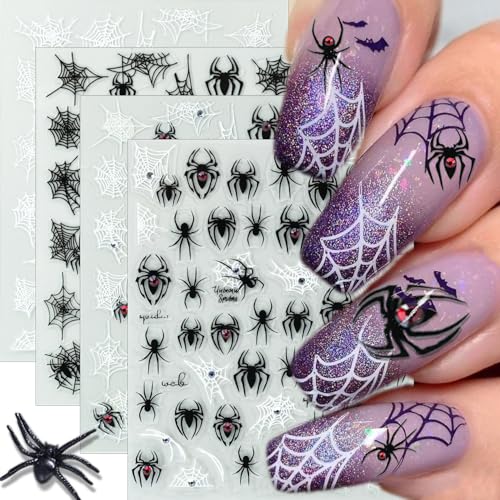 Halloween Nail Stickers 4 Sheets 3D Spider Web Decals with Red Rhinestones