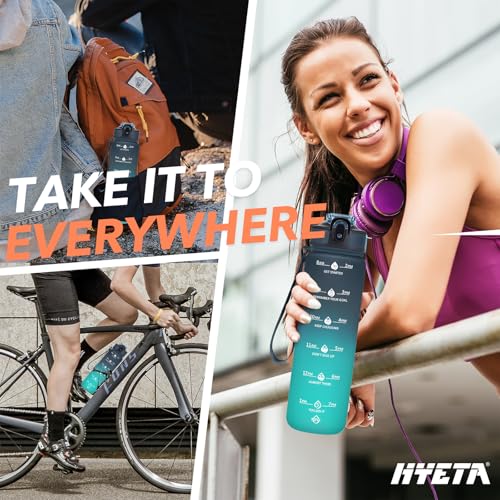 Hyeta 32oz Motivational Water Bottle with Straw - Navy Blue-Green Ombré