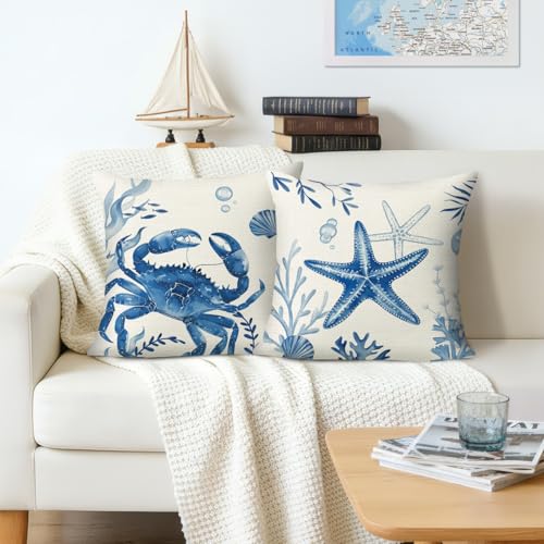 Bonhause Coastal Throw Pillow Covers, Marine Animal Design, 18x18 Inch, Set of 4