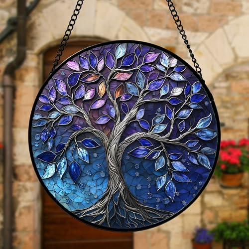 Blue Purple Tree of Life Stained Glass Window Hanging Suncatcher 9.8 Inch - Vibrant Home Decor