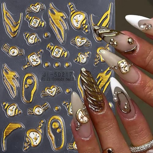 5D Embossed Gold Foil Nail Stickers Clock & French Tip Decals