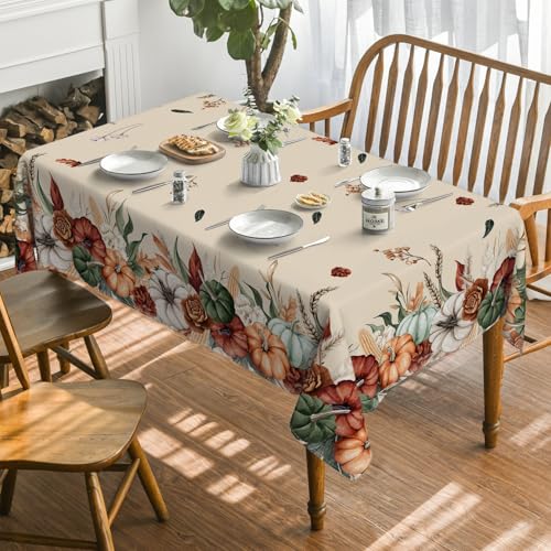 Horaldaily Fall Tablecloth 60 x 84 Inch Rectangular Flower Autumn Harvest Beige