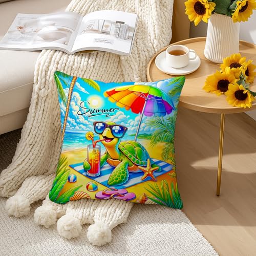 Summer Beach Sea Turtle Throw Pillow Covers Set of 2 18x18 Inches - Coastal Home Decor
