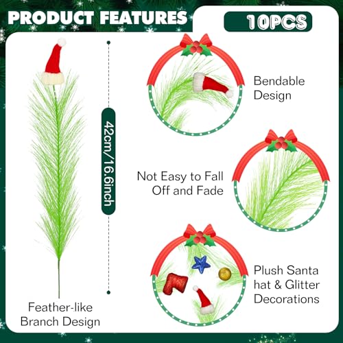 Santa-Mix Christmas Tree Topper Decorations - 10 Pcs Lime Green Pampas with Santa Hats