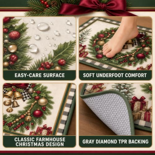 Christmas Kitchen Mat Set of 2 Non Slip Wreath & Tree Rugs - Wreath Christmas Tree Variation