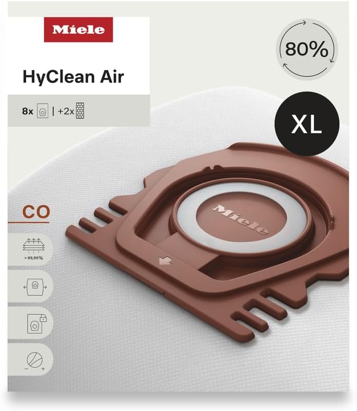 Miele HyClean Air CO Vacuum Cleaner Bags - XL Pack of 8 with 2 AirClean Filters for M1 Models