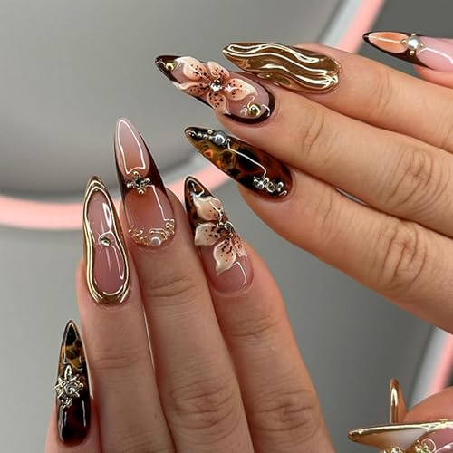 Almond French Tip Press On Nails with Floral Design & Rhinestones 24Pcs