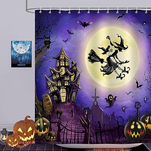 Bonhause Halloween Shower Curtain - Scary Witch & Pumpkin Design, 72x72 Inch Waterproof Polyester