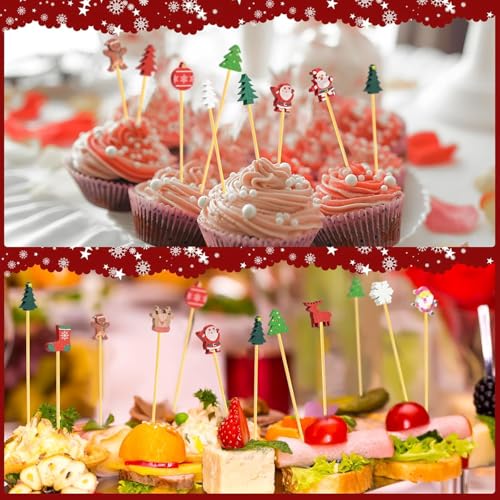 Christmas Cocktail Picks Set - 100 Natural Bamboo Skewers with 15 Holiday Designs - Festive Party Supplies