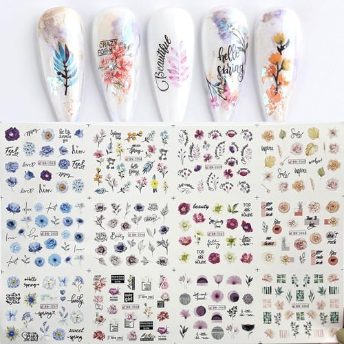 24 Sheets Floral Nail Stickers Water Transfer Pink Blue Flowers Decals