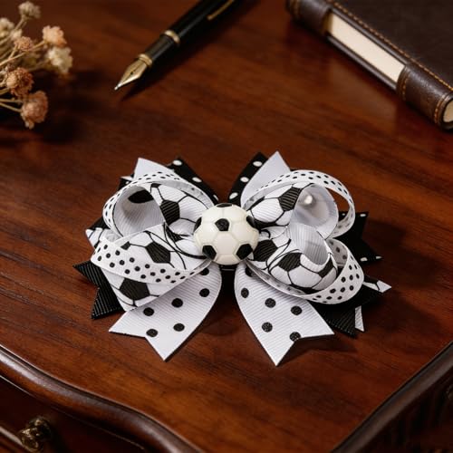 Soccer Hair Clips Black and White Ribbon Bows for Players and Fans