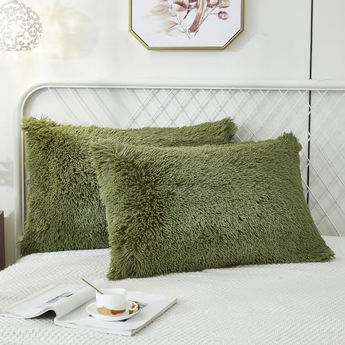 Fluffy King Size Pillowcases Set of 2 Faux Fur Covers - Sage