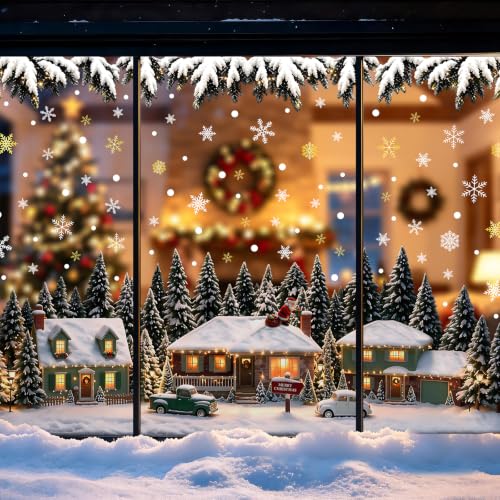 Christmas Village Window Clings - Snowy Holiday Scene, Large 27.6 x 15.8 Inches, Reusable Snowy Village Decal - Variation of Christmas Village
