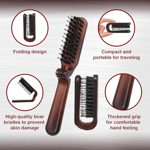 Qjaiune 2 Pack Foldable Boar Bristle Hair Brush, Pocket Size Anti-Static