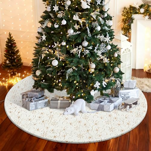 Faux Fur Christmas Tree Skirt 60 Inch White with Gold Snowflakes