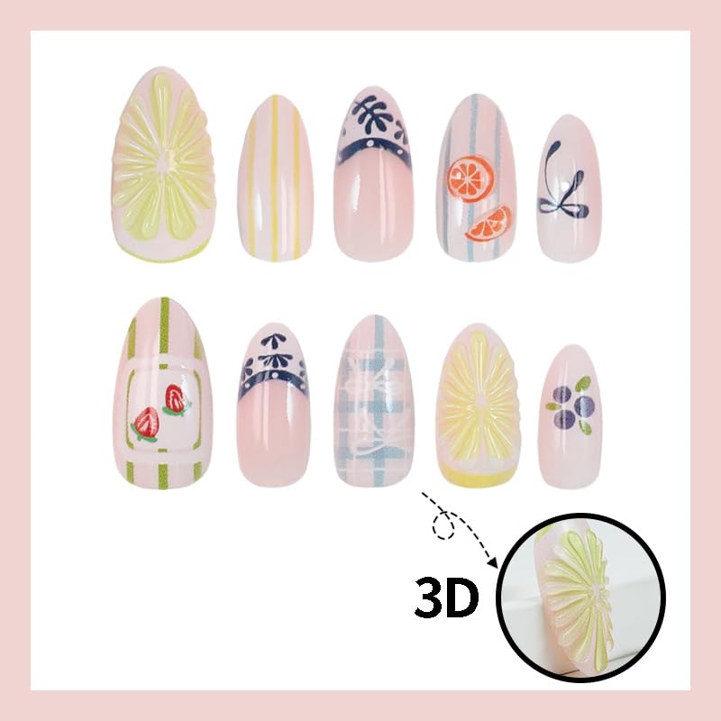 Yellow Almond Press on Nails 3D Lemon Fruit False Nails Kit