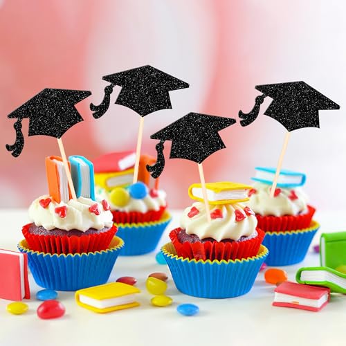 2026 Graduation Cupcake Toppers - Black Glitter 36 PCS