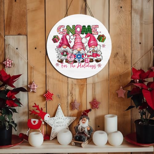 Pink Gnomes Christmas Wooden Sign 12x12 Inches - Indoor Rustic Holiday Decor