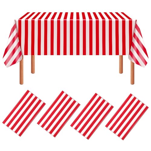 NOVWANG Carnival Tablecloth - Red and White Stripe Plastic Cover, 4 Pack