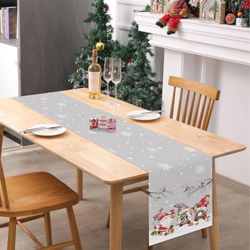 Grey Christmas Gnome Table Runner 13x90 Inch Winter Holiday Decor