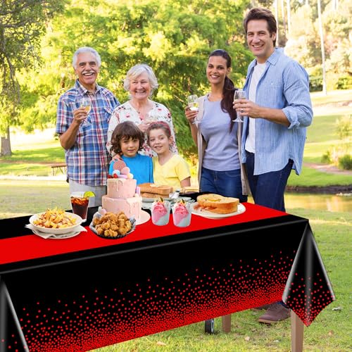 4-Pack Black and Red Disposable Tablecloths - 54 x 108 Inch Party Decor