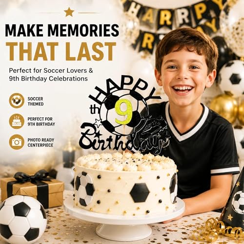 Black Glitter Soccer Happy 9th Birthday Cake Topper